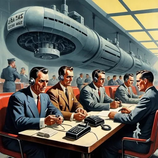 Prompt: Dystopian, poster, 50s, concept art, Telecom companies acting shady, and USA cold war propaganda.
