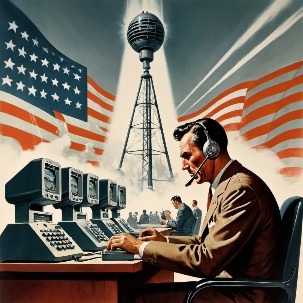 Prompt: Dystopian, poster, 50s, concept art, about AT&T telecoms industry, and USA cold war propaganda.
