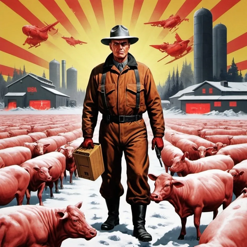 Prompt: Dystopian, poster, 50s, concept art, synth meat farmers, and USA cold war propaganda.

