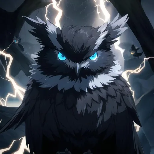 Prompt: Pure black feathered fantasy owl ,surrounded by lightning with glowing blue eyes
, with a nest of baby owls.