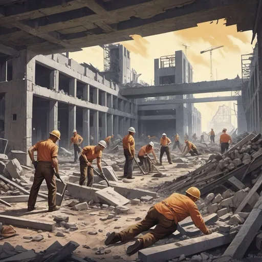 Prompt: Dystopian , poster, 50s, concept art, Bodies of construction workers scattered around ruins of a research base, and USA 50's propaganda.

