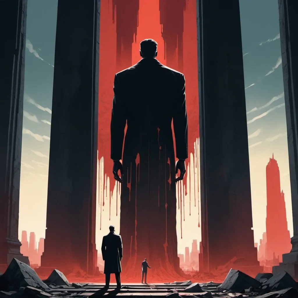 Prompt: Dystopian , poster, 50s, concept art, Bloody boodies around a strange broken monolith of panels and dark tech,  a tall hunched man made of shadow shapes stands in front looking at the pillar. and USA 50's propaganda.

