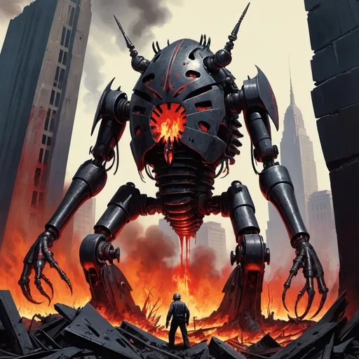 Prompt: Dystopian , poster, 50s, concept art, Bloody Boodies around a strange broken monolith of panels and dark tech, huge dark bug monster machine covered in flames. and USA 50's propaganda.

