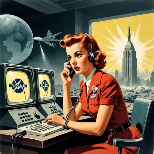 Prompt: Dystopian, poster, 50s, concept art, Telecom companies acting shaddy, and USA cold war propaganda.
