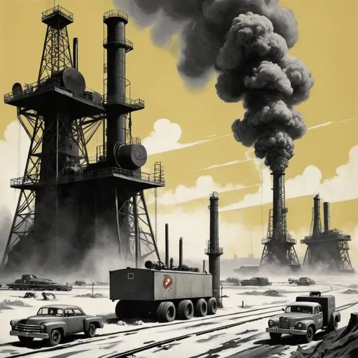 Prompt: Dystopian, poster, 50s, concept art, about oil industry, and USA cold war propaganda.
