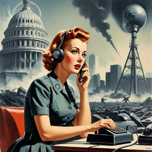 Prompt: Dystopian, poster, 50s, concept art, about AT&T telecoms industry, and USA cold war propaganda.
