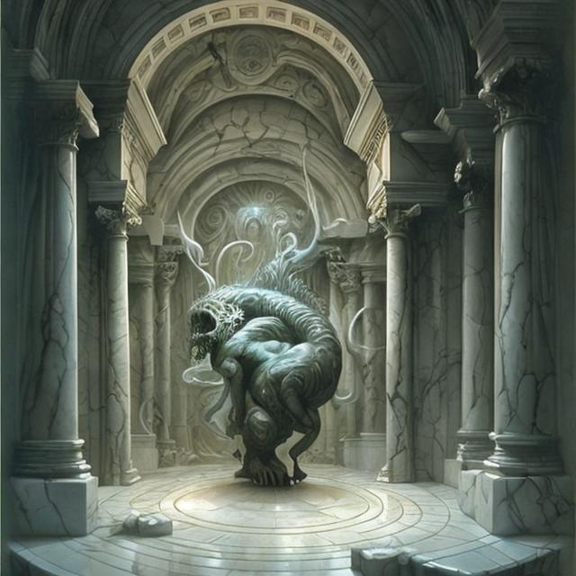 Prompt: STYLE Boris Vallejo ART STATION DETAILED White marble crypt rooms with swirling magic and undead.
