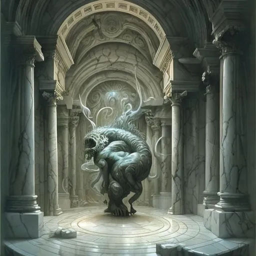 Prompt: STYLE Boris Vallejo ART STATION DETAILED White marble crypt rooms with swirling magic and undead.
