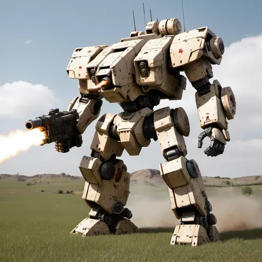 Prompt: Battle mech "Centurion" on the open field, firing into the distance, with heavy battle damage.
