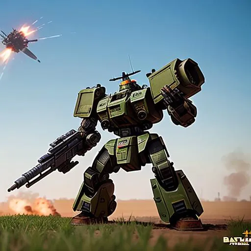 Prompt: Battlemech "Uziel" on the open field, firing into the distance, with heavy battle damage.