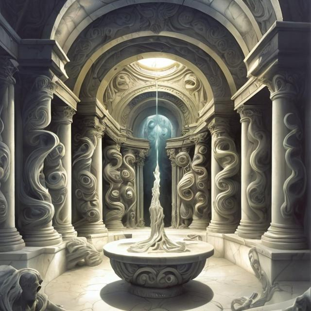 Prompt: STYLE Boris Vallejo ART STATION DETAILED White marble crypt rooms with swirling magic and undead MAGE
