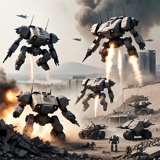 Prompt: 4 Battle-tech Battlemech's on a field of rubble that was once a city, smoke rising on the horizon drop pod in the sky, under attack by fighter jets.