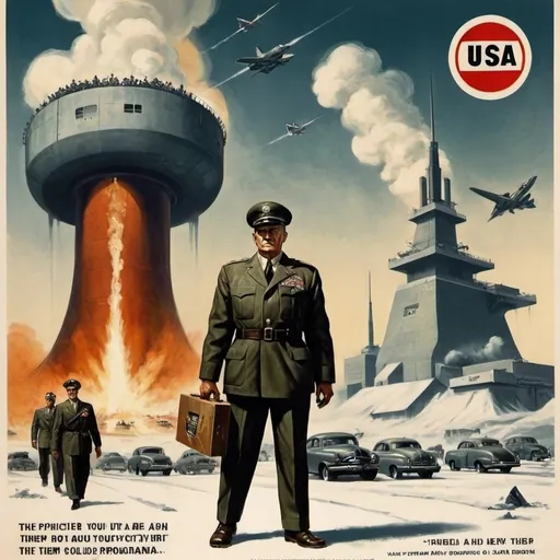 Prompt: Dystopian, poster, 50s, concept art, Oil magnates hoping you've forgotten about them, and USA cold war propaganda.
