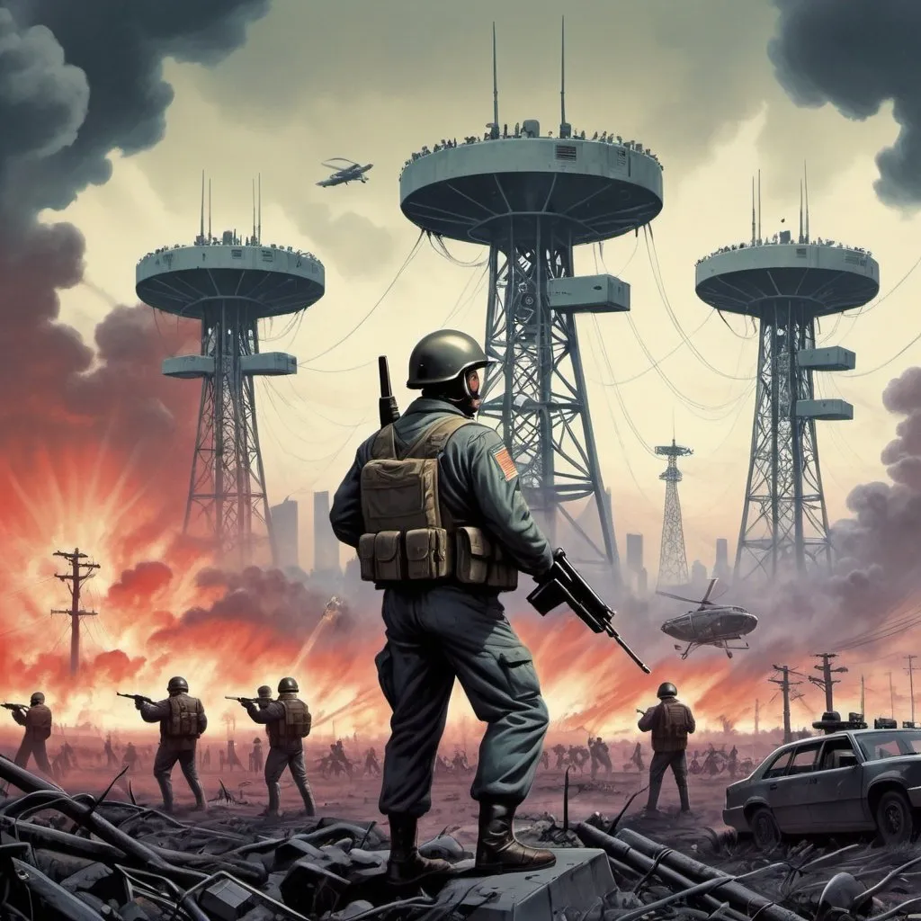 Prompt: Dystopian , battle field poster, 80s, concept art, telecommunications internet business, and USA 80's propaganda.
