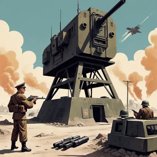 Prompt: Dystopian , poster, 50s, concept art,  machine gun emplacement, and 50's propaganda.


