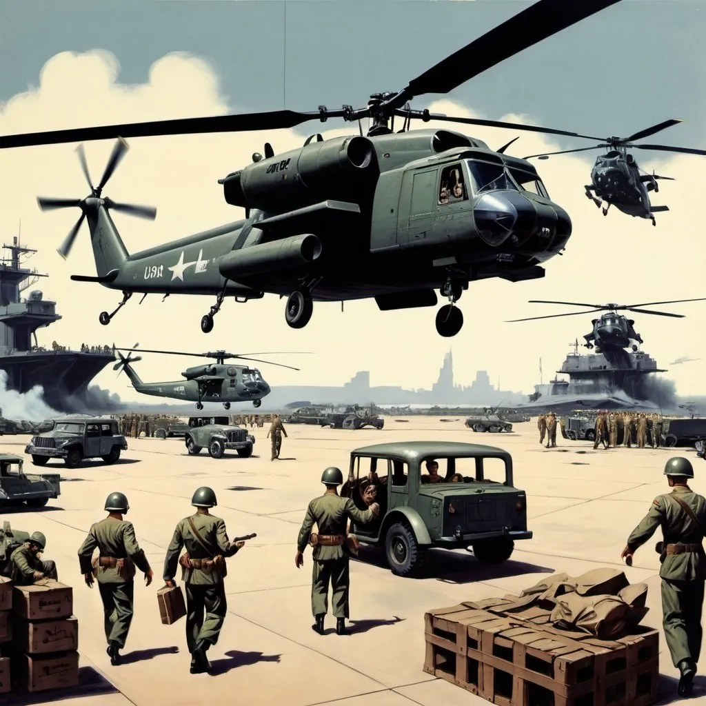 Prompt: Dystopian , poster, 50s, concept art, Troops disembarking helicopter on cargo laden landing pad, and USA 50's propaganda.

