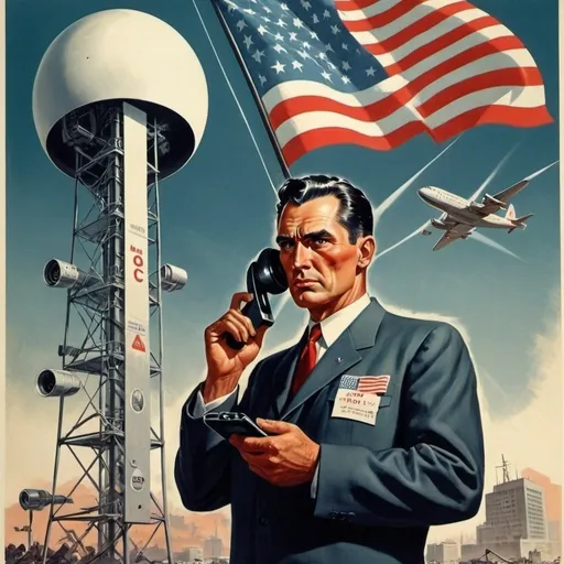 Prompt: Dystopian, poster, 50s, concept art, Telecom companies acting shady, and USA cold war propaganda.
