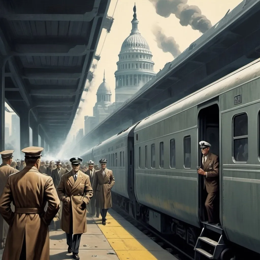 Prompt: Dystopian, poster, 50s, concept art, train tycoons hiding from rioters, and USA cold war propaganda.

