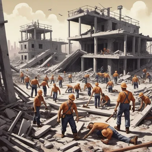 Prompt: Dystopian , poster, 50s, concept art, Bodies of construction workers scattered around ruins of a research base, and USA 50's propaganda.

