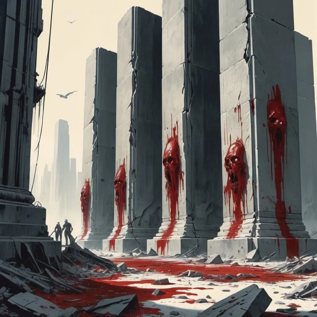 Prompt: Dystopian , poster, 50s, concept art, Bloody boodies around a strange broken monolith of panels and dark tech, Dead bodies around pillar. and USA 50's propaganda.


