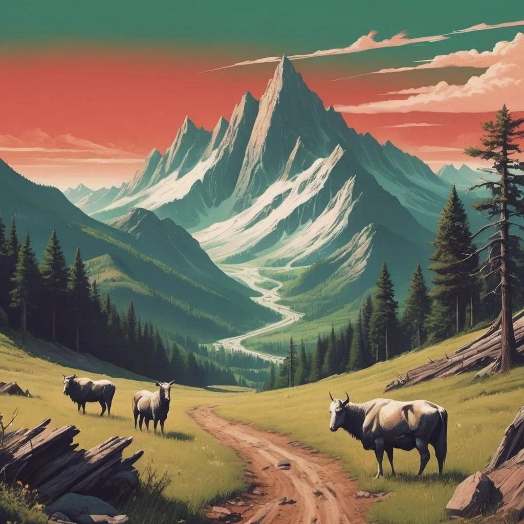 Prompt: Dystopian , poster, 90s, concept art, wild pastoral mountain landscape, and USA 90's propaganda.

