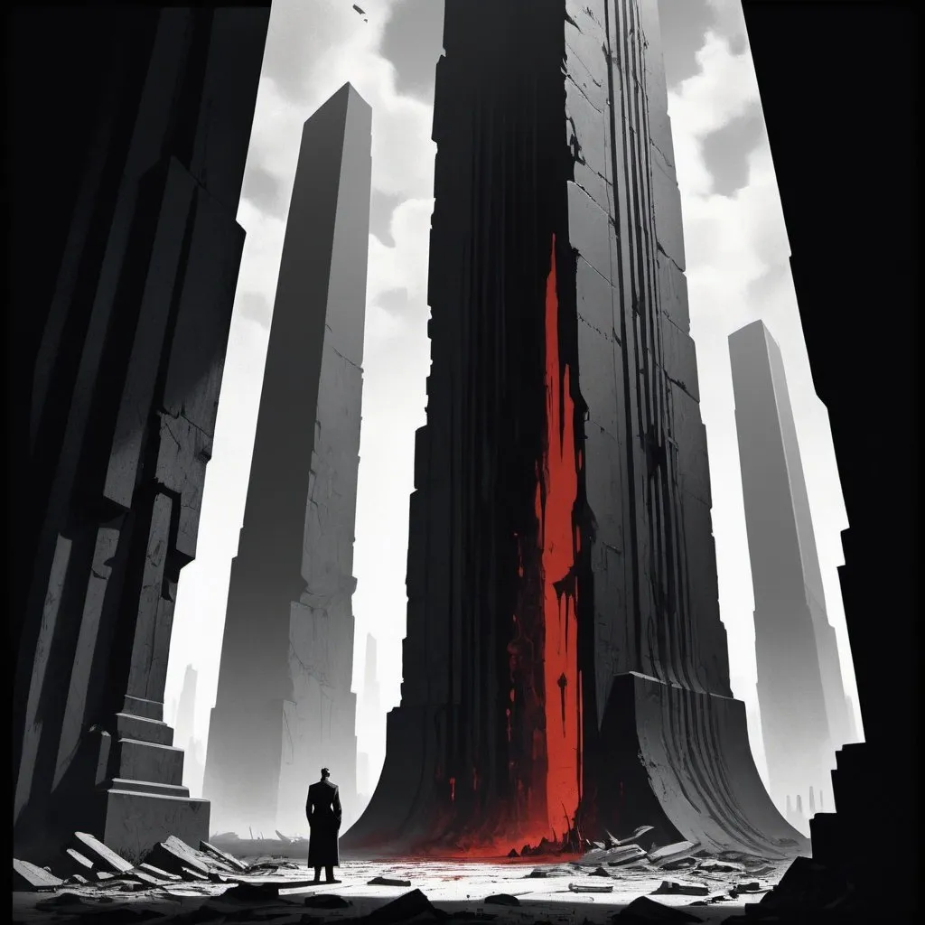 Prompt: Dystopian , poster, 50s, concept art, Bloody boodies around a strange broken monolith of panels and dark tech, many tall hunched man made of shadow shapes stands in front looking at the pillar. and USA 50's propaganda.


