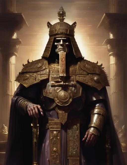 Prompt: he Emperor of Mankind also referred to by the Imperial Cult and the Adeptus Ministorum as the God-Emperor of Mankind is the sovereign ruler of the Imperium of Man, and Father, Guardian, and God of the human race. He has sat immobile within the Golden Throne of Terra for ten thousand years. Although once a living man, His shattered body can no longer support life, and remains intact only by a combination of ancient technology and the sheer force of His will, itself sustained by the soul-sacrifice of countless millions of psykers.[2]