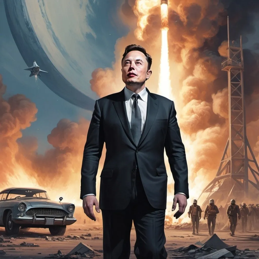 Prompt: Dystopian, poster, 50s, concept art, Elon musk, hiding from rioters outside spaceX, and USA cold war propaganda.
