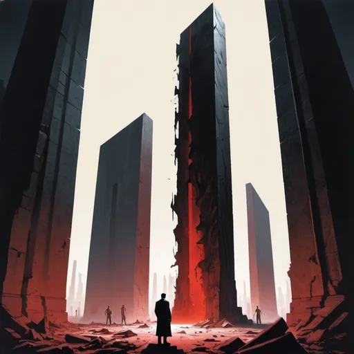Prompt: Dystopian , poster, 50s, concept art, Bloody boodies around a strange broken monolith of panels and dark tech,  a tall hunched man made of shadow shapes stands in front looking at the pillar. and USA 50's propaganda.


