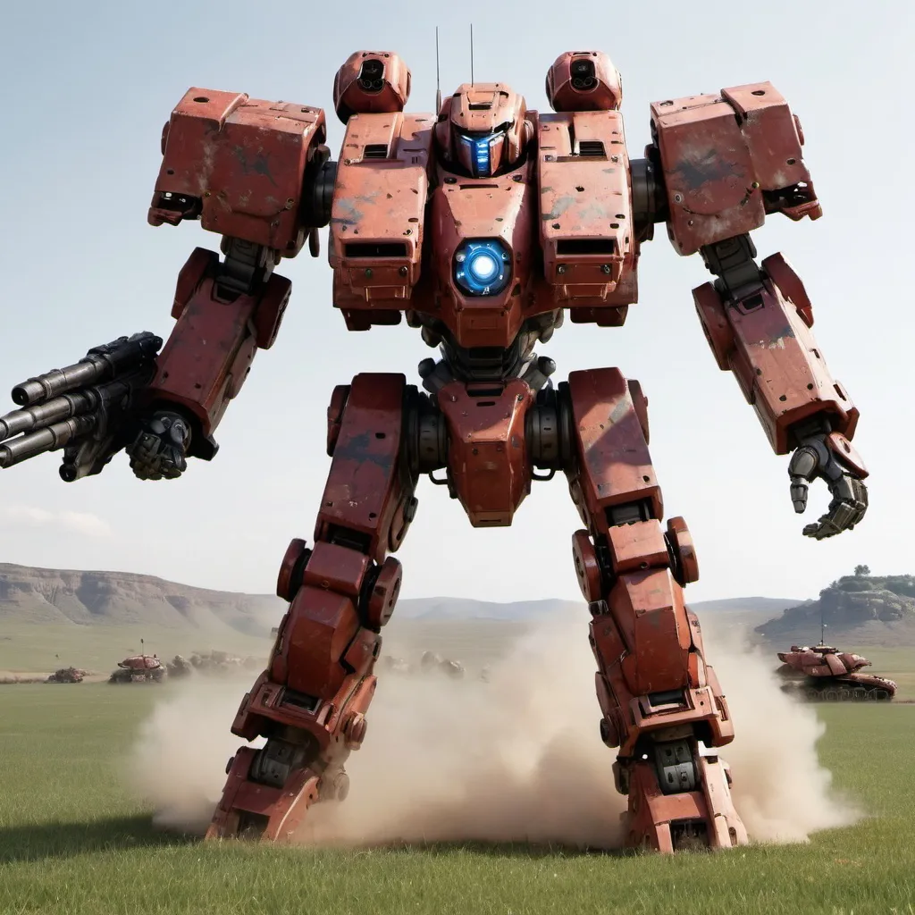 Prompt: Battle mech "Centurion" on the open field, firing into the distance, with heavy battle damage.