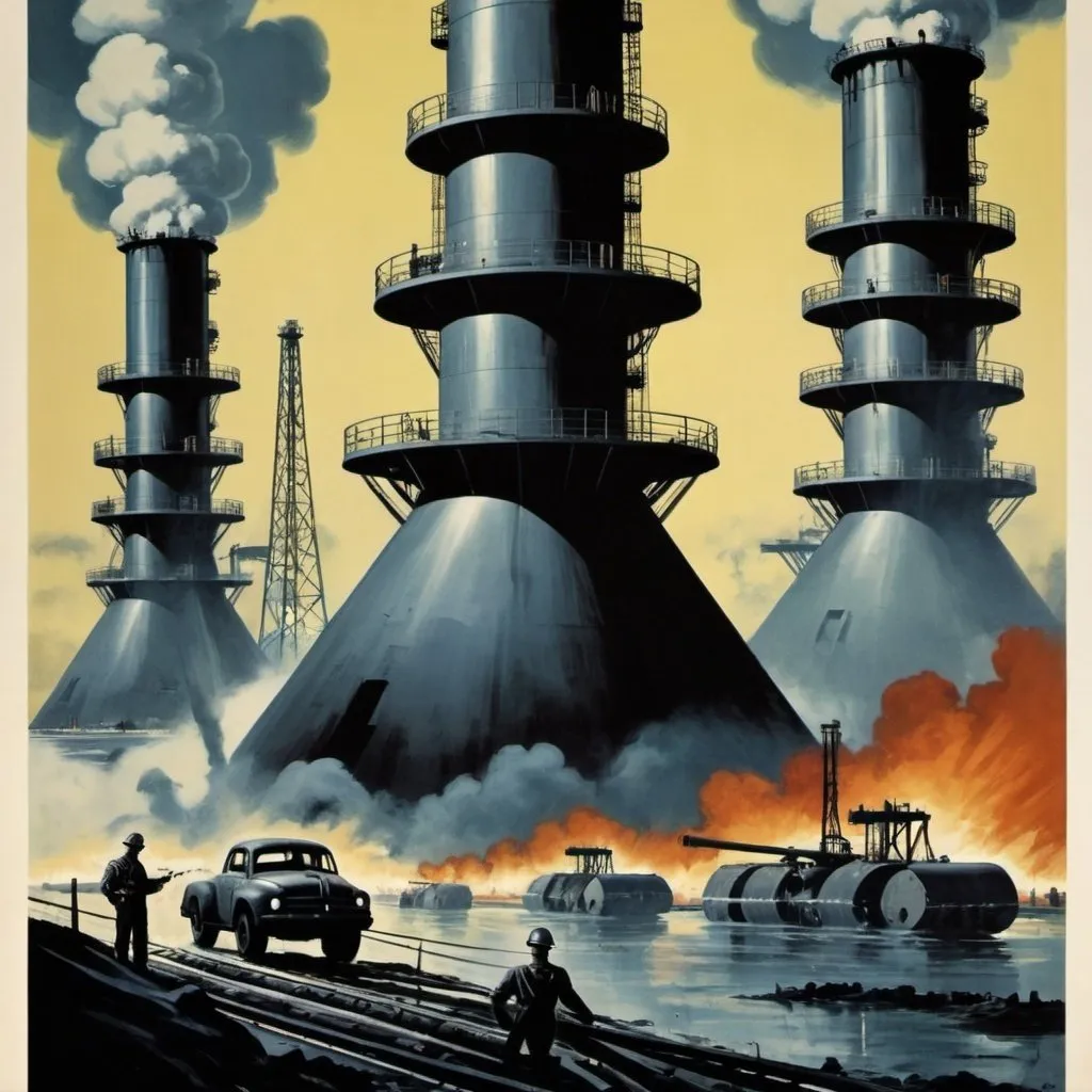 Prompt: Dystopian, poster, 50s, concept art, about oil industry, and USA cold war propaganda.
