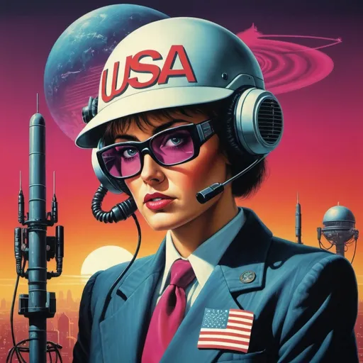 Prompt: Dystopian, poster, 80s, concept art, telecommunications internet business, and USA 80's propaganda.
