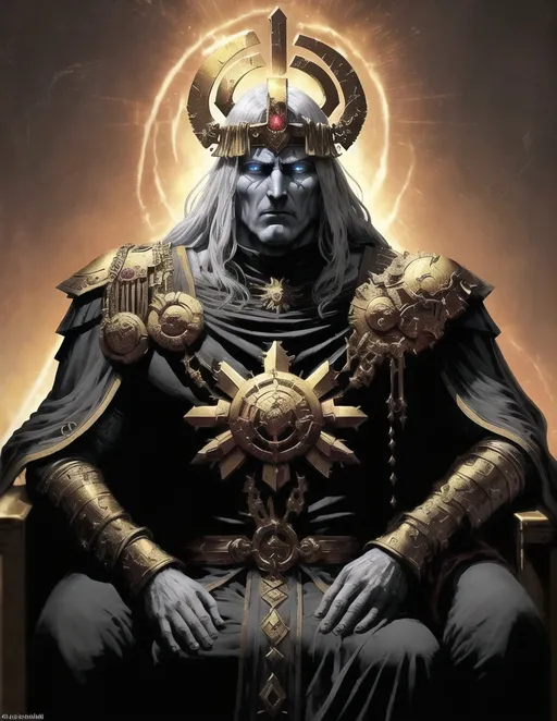 Prompt: he Emperor of Mankind also referred to by the Imperial Cult and the Adeptus Ministorum as the God-Emperor of Mankind is the sovereign ruler of the Imperium of Man, and Father, Guardian, and God of the human race. He has sat immobile within the Golden Throne of Terra for ten thousand years. Although once a living man, His shattered body can no longer support life, and remains intact only by a combination of ancient technology and the sheer force of His will, itself sustained by the soul-sacrifice of countless millions of psykers.[2]