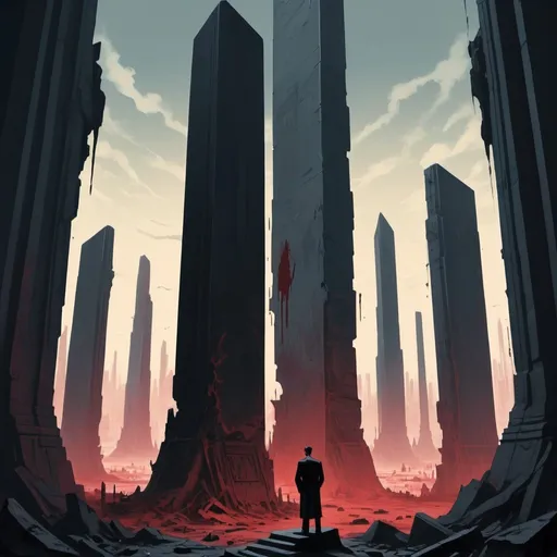 Prompt: Dystopian , poster, 50s, concept art, Bloody boodies around a strange broken monolith of panels and dark tech, many tall hunched man made of shadow shapes stands in front looking at the pillar. and USA 50's propaganda.


