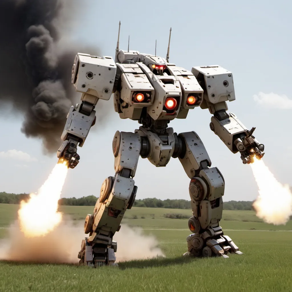 Prompt: Battle mech thunderbolt on the open field, firing into the distance, with heavy battle damage.