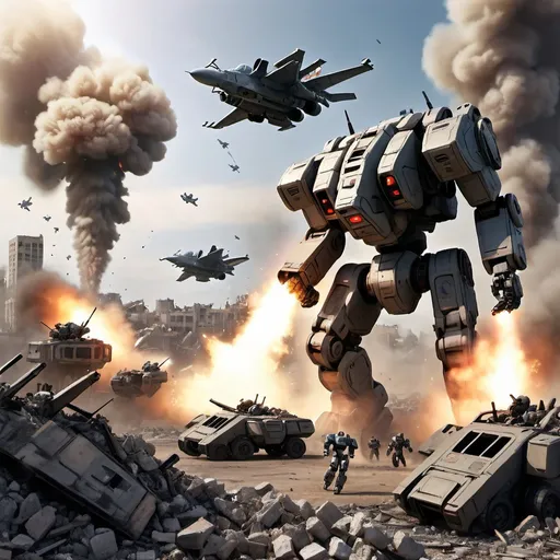 Prompt: Battle-tech Battlemechs on a field of rubble that was once a city, smoke rising on the horizon drop pod in the sky, under attack by fighter jets.