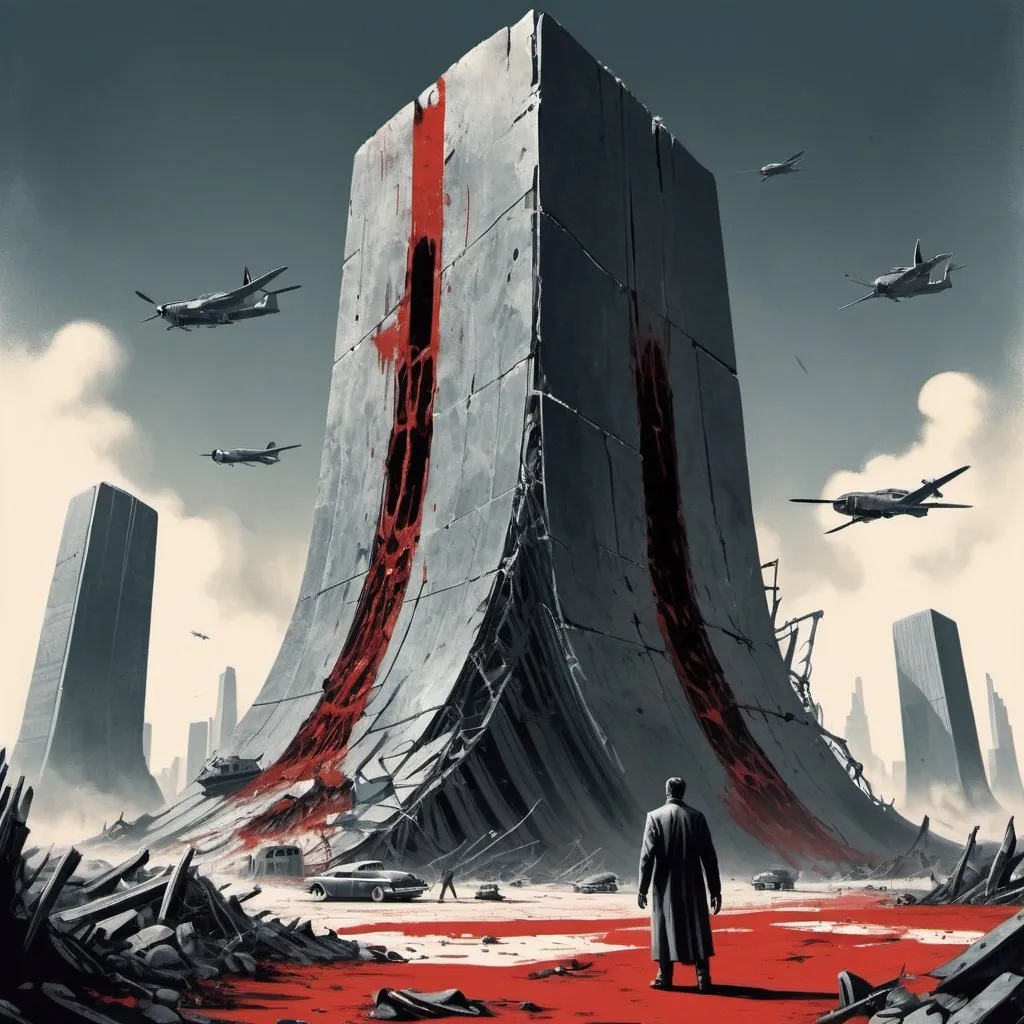 Prompt: Dystopian , poster, 50s, concept art, Bloody boodies around a strange broken monolith of panels and dark tech, and USA 50's propaganda.

