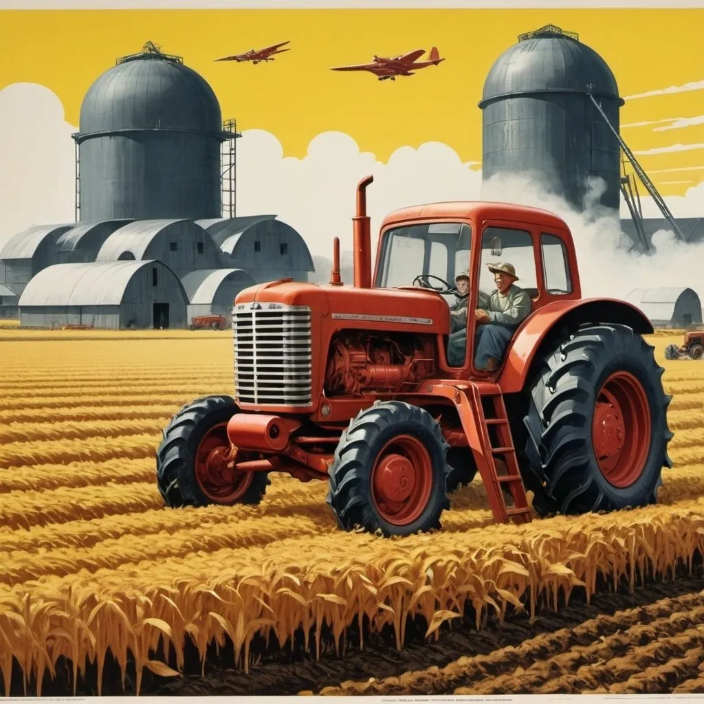 Prompt: Dystopian, poster, 50s, concept art, about farming industry, and USA cold war propaganda.
