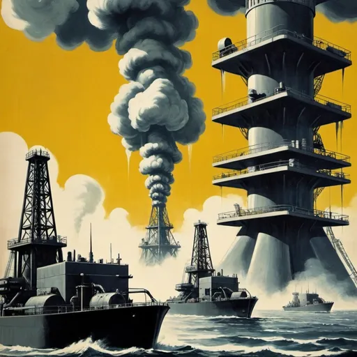 Prompt: Dystopian, poster, 50s, concept art, about oil industry, and USA cold war propaganda.
