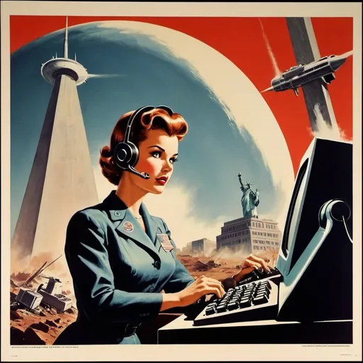 Prompt: Dystopian, poster, 50s, concept art, Telecom companies acting shaddy, and USA cold war propaganda.
