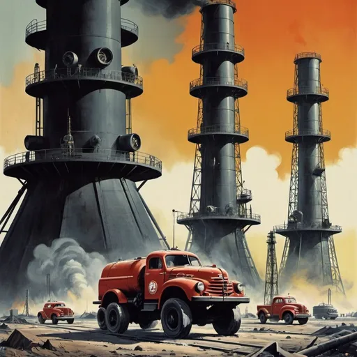 Prompt: Dystopian, poster, 50s, concept art, about oil industry, and USA cold war propaganda.
