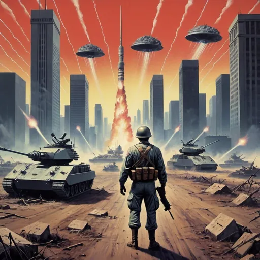 Prompt: Dystopian , battle field poster, 80s, concept art, telecommunications internet business, and USA 80's propaganda.
