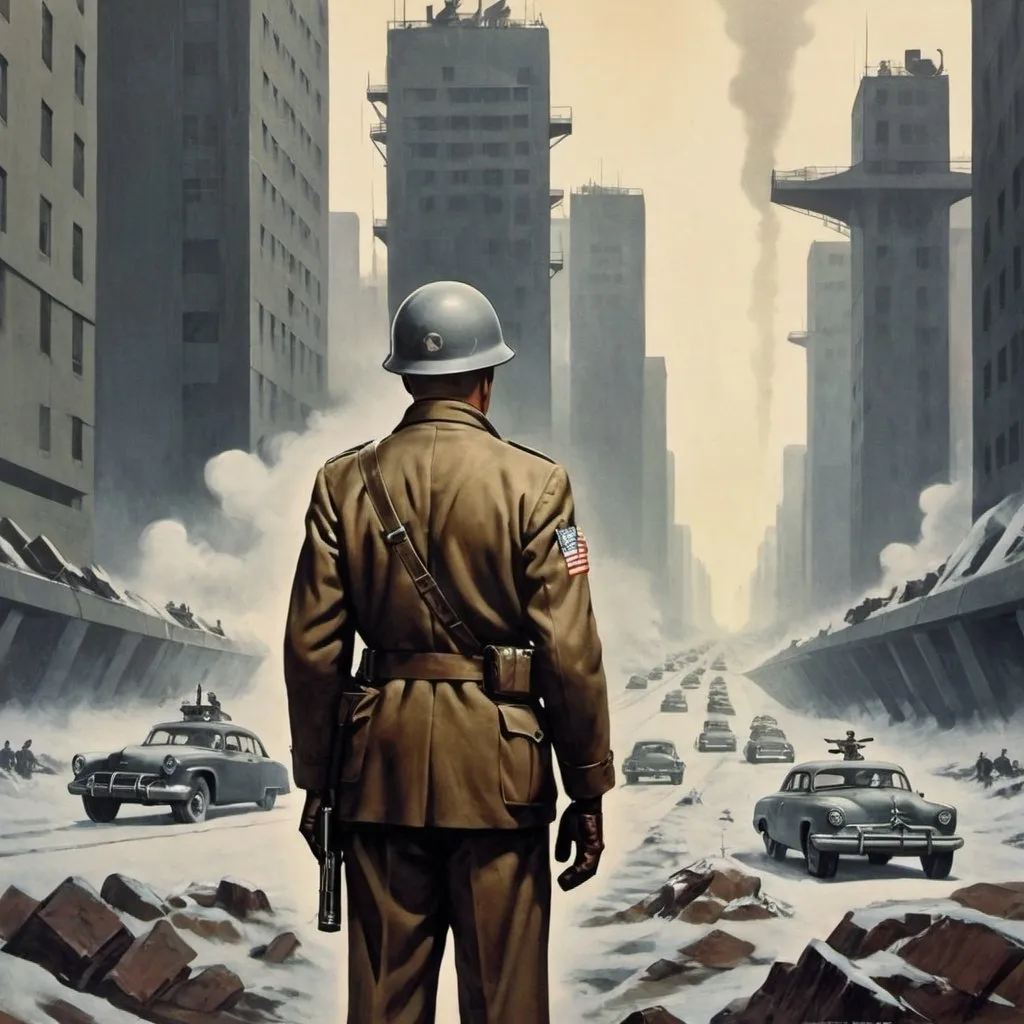 Prompt: Dystopian, poster, 50s, concept art, Oil magnates hoping you've forgotten about them, and USA cold war propaganda.
