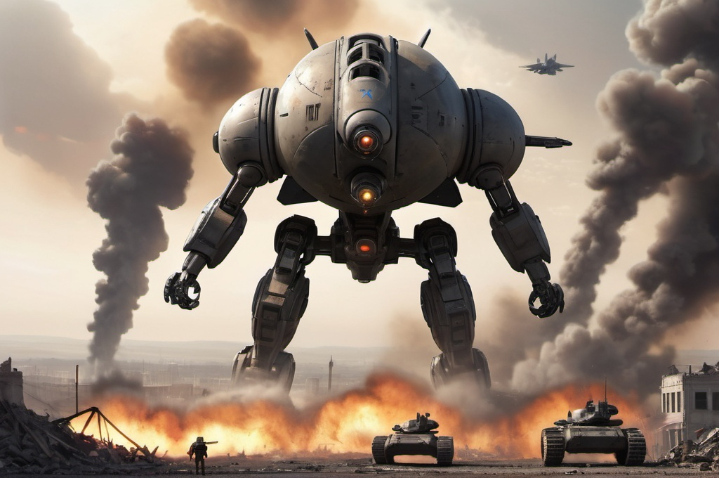 Prompt: mech's on a field of rubble that was once a city, smoke rising on the horizon, giant round drop pod in the sky, under attack by fighter jets.