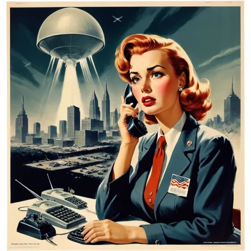 Prompt: Dystopian, poster, 50s, concept art, Telecom companies acting shady, and USA cold war propaganda.
