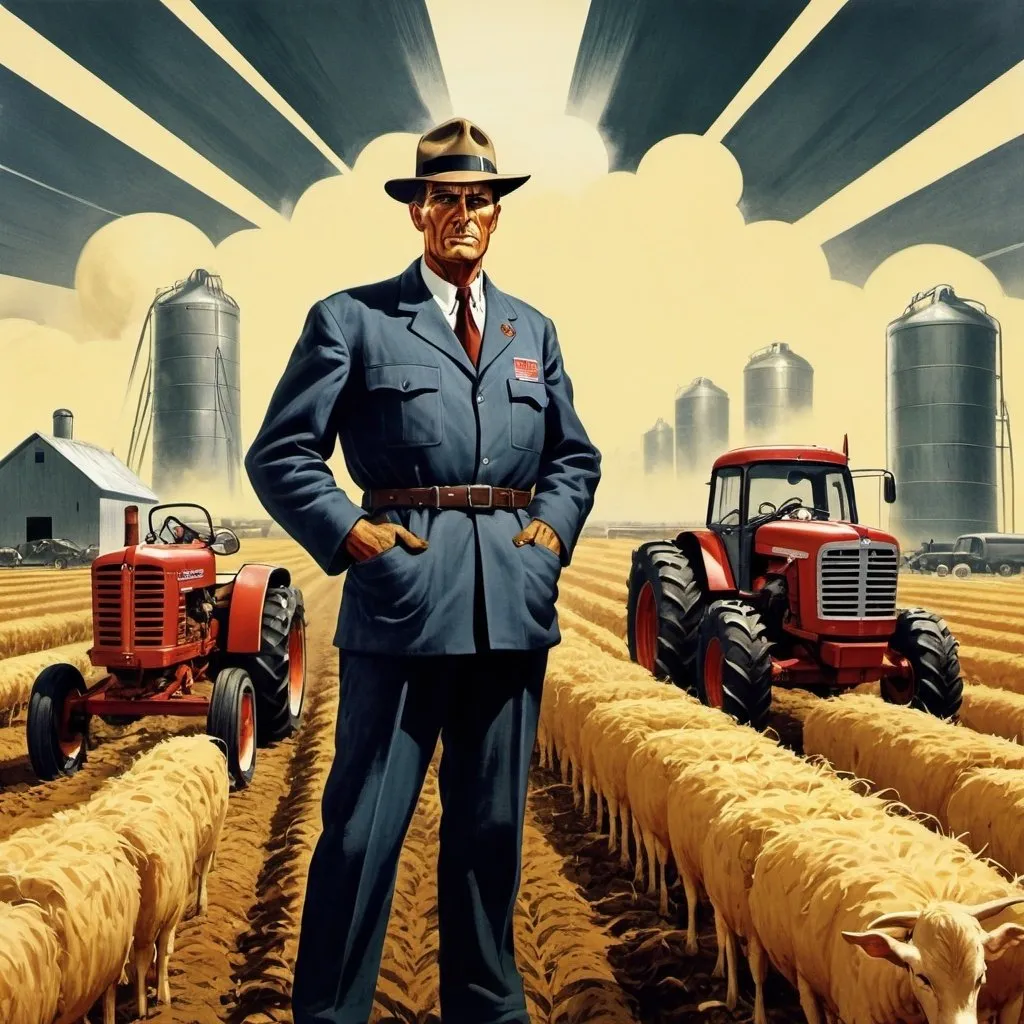 Prompt: Dystopian, poster, 50s, concept art, about farming industry, and USA cold war propaganda.
