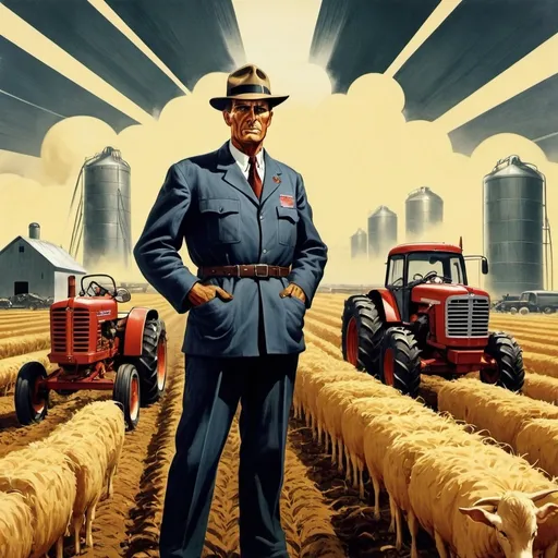 Prompt: Dystopian, poster, 50s, concept art, about farming industry, and USA cold war propaganda.
