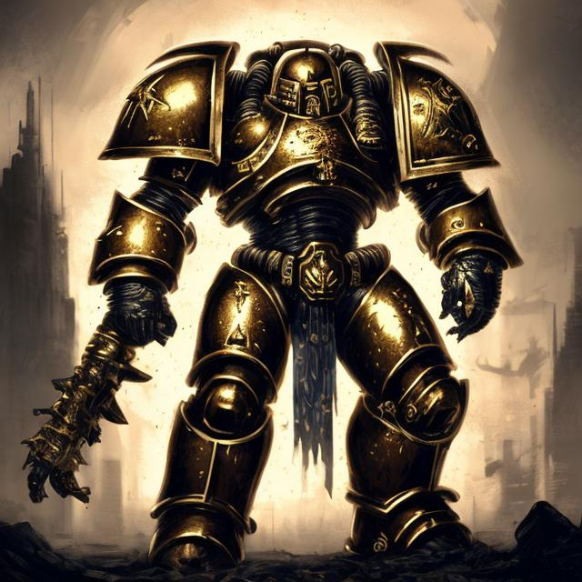 Prompt: High detail, complex, Art station,Bold, space marine, tall, gold armor,foggy, dark atmosphere