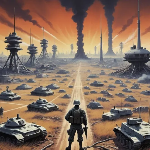 Prompt: Dystopian , battle field poster, 90s, concept art, telecommunications internet business, and USA 90's propaganda.
