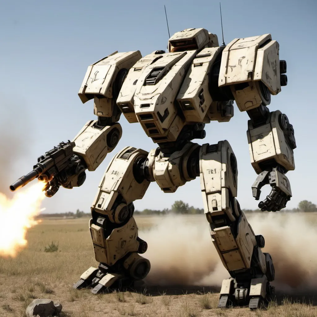 Prompt: Battlemech "Uziel" on the open field, firing into the distance, with heavy battle damage.